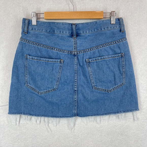 Forever 21 Floral Embroidered Denim Mini Skirt Blue Button Fly Size 30 - Picture 6 of 10